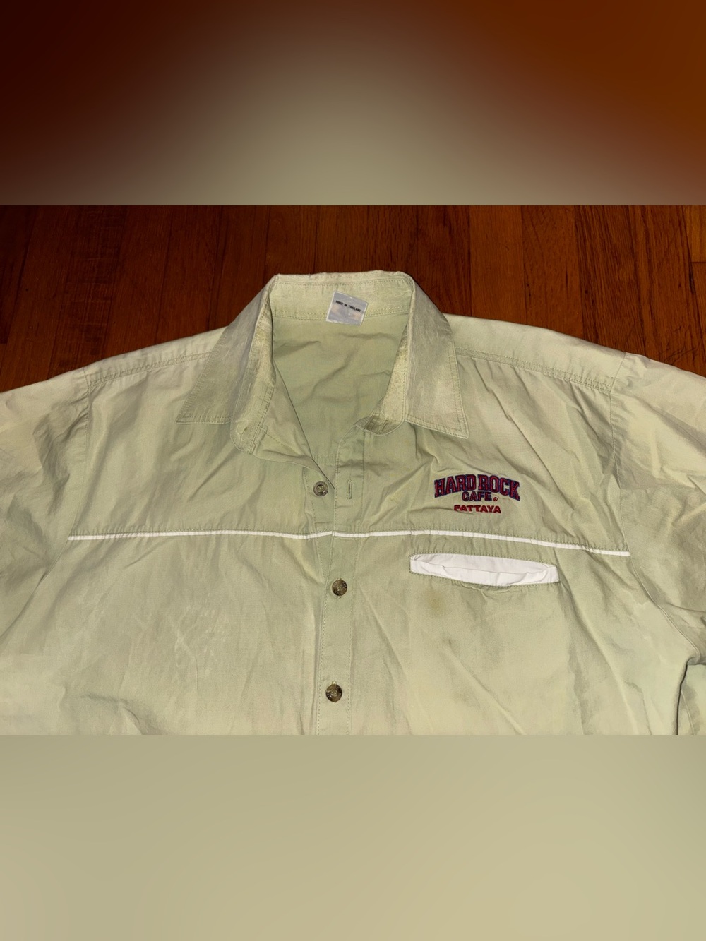 Hard Rock Cafe Pattaya Men's L Reg Green Woven Cotton SS Button-Up Shirt